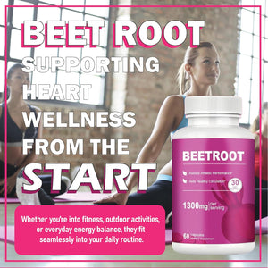 Beet Root Capsules – 1300Mg Beetroot Powder for Natural Energy & Endurance Support, Non-Gmo, 60 Capsules, 30-Day Supply (1Pc)