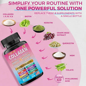 Collagen Supplement - Types I, II, III, V & X, MCG Biotin, Keratin, Hyaluronic Acid, Zinc, Grape Seed Extract, Quercetin, Vitamin A, Vitamin C, Vitamin E, Magnesium, Folic Acid(90 Capsules)