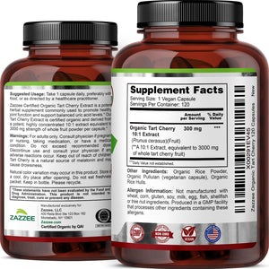 Zazzee USDA Organic Tart Cherry 10:1 Extract, 120 Vegan Capsules, 4 Month Supply, Montmorency Cherry, Daily Wellness Antioxidant Support, Organic Herbal Supplement, All-Natural, Non-Gmo, Made in USA