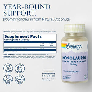 SOLARAY Monolaurin 500Mg from Natural Coconut - Monolaurin Supplement for Powerful Nutritive Support - Lab Verified - 60 Servings, 60 Vegcaps