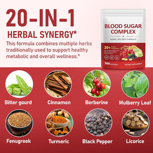 300 Softgels Blood Sugar Complex Supplement | 20+ Active Herbs-Berberine, Ceylon Cinnamon, Bitter Melon, Mulberry Leaf, Fenugreek, Vitamins for Energy Level, Vitality Support | Clean Formula
