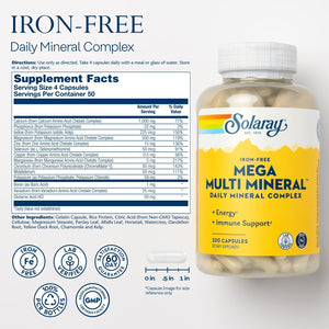 SOLARAY Mega Multi Mineral, Iron Free - Daily Mineral Supplement W/Trace Minerals, Electrolytes, Calcium, Magnesium, Zinc, Selenium, Boron -Cellular Energy, Immune Support, 60-Day Guarantee, 50 Serv