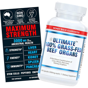 Ultimate 100% Grass Fed Beef Organs Supplement Supports Energy & Whole Body Wellness* with a Complex of Desiccated Beef Liver, Heart, Kidney, Pancreas & Spleen. Pesticide Free & Non-Gmo, 180 Capsules