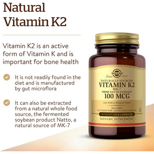Solgar Naturally Sourced Vitamin K2 (MK-7) 100 Mcg - 50 Vegetable Capsules - Supports Bone Health - Whole Food Source from Natto Extract - Non-Gmo, Gluten Free - 50 Total Servings