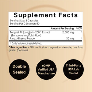 Tongkat Ali 200:1 (Longjack) Extract for Men, 2000Mg per Serving, Indonesia Origin, Eurycoma Longifolia | with Panax Ginseng for Energy, Stamina, & Male Health Support (150 Count (Pack of 2))