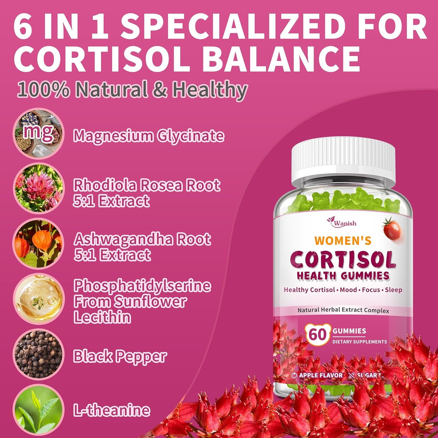 Wanish Cortisol Gummies for Women,Cortisol Supplements for Women-Relaxation and Mood,Cortisol Reducer with Ashwagandha, Rhodiola Rosea, Etc. Cortisol Manager Gummies,Vegan,Apple Flavor,60 Count