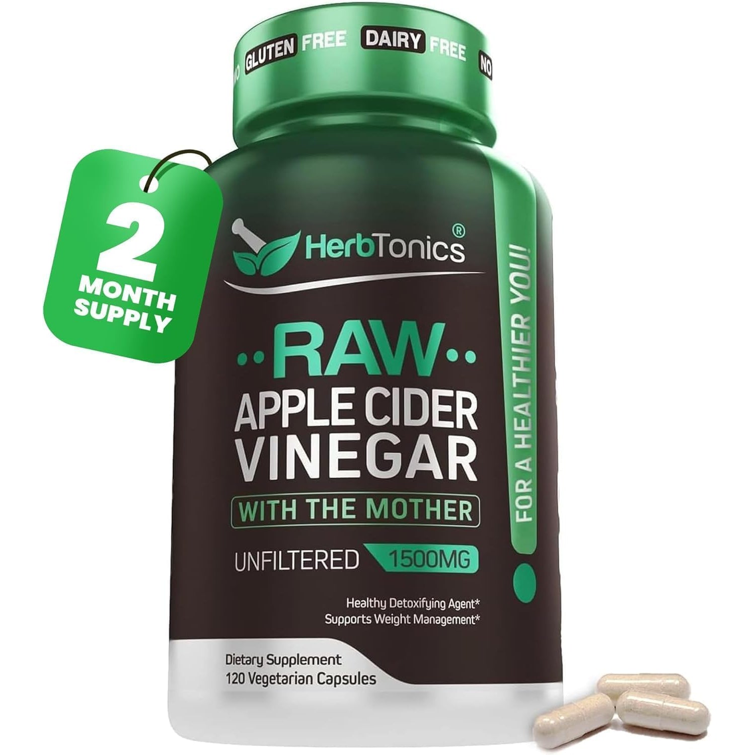 Herbtonics Raw Apple Cider Vinegar Capsules 1500Mg with Mother | Weight Management, Detox & Digestion Formula with GLP-1 Support | Unfiltered ACV for Metabolic Support | 120 Vegan Capsules