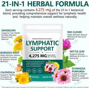 Lymphatic Drainage Supplements, 240 Softfels, 21-In-1 Natural Herbal Blends with Echinacea, Dandelion, Burdock Root for Lymph System, Immune Support, Cleanse, Less Swelling/Bloating