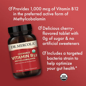 Dr. Mercola Organic Chewable Vitamin B12 Dietary Supplements, 30 Servings (30 Tablets), Natural Cherry Flavor with Other Natural Flavors, Non GMO, Gluten Free, Soy Free, USDA Organic