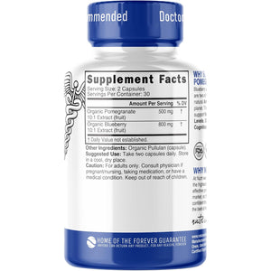 Nutri Organic Blueberry Pomegranate Supplement 1300Mg - with 800Mg 10:1 Extract & 500Mg 10:1 Pomegranate Extract - USDA Certified Organic - 60 Count Capsules - High in Anthocyanins and Polyphenols