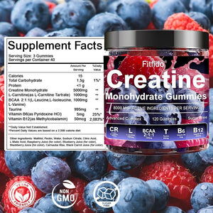 Creatine Monohydrate Gummies Complex 5000Mg for Men and Women, Containing L-Carnitine & Taurine, Build Muscle, Boost Energy, Faster Recovery, Sugar Free & Vegan, Raspberry & Blackberry, 120 Count