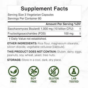 Saccharomyces Boulardii Probiotics + FOS Supplement, 10 Billion CFU, 240 Veggie Capsules – Probiotic & Prebiotic for Women & Men – Gut, Immune & Digestive Health Support – Non-Gmo