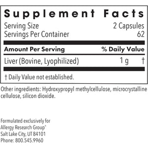 Allergy Research Group ARG Liver Beef Natural Glandular - 1000 Mg Bovine Liver - Supports Liver Function - Hypoallergenic Formula - 62 Servings - 125 Count