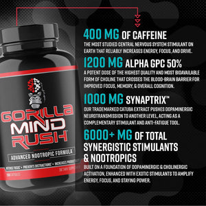 Gorilla Mind Rush - Nootropic Supplement | Intense Focus · Insane Productivity Cognitive Health Support, Memory, Focus, Concentration, Clarity | 150 Capsules