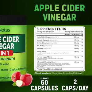 Zolotus Apple Cider Vinegar Capsules 32In1, with Turmeric, Cinnamon, Milk Thistle, Berberine, Elderberry, Quercetin - (2 Packs) 60 Capsules