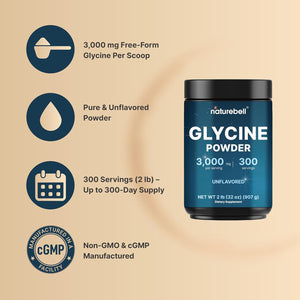 Glycine Powder, 300 Servings (2 Lb) – 3,000 Mg Free-Form Glycine per Serving – Unflavored Pure Powder – Non-Gmo, Cgmp Manufactured