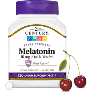 21St Century Melatonin 10Mg Extra Strength, 120 Count, Quick Dissolving Sleep Aid for Adults, Promotes Relaxation and Restful Sleep, Non-Habit Forming, Gluten-Free, Cherry Flavor