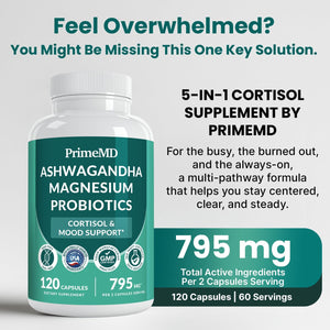 5-In-1 Cortisol Supplement for Women and Men with Ashwagandha for Calmness, Focus, and Adrenal Support Supplements with Shilajit Extract, Magnesium Glycinate, Probiotics (120 Ct) (Pack of 1)