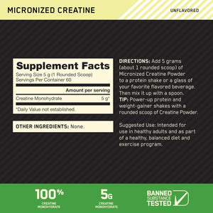 Optimum Nutrition Micronized Creatine Monohydrate Powder, Unflavored, 60 Servings, 300 Grams (Packaging May Vary)