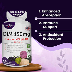 Women’S DIM Complex 150Mg - Bioperine Estrogen Balancing Pills for Menopause & Hot Flashes Relief Support Hormonal Acne Powerful Supplement - 60 Capsules - Made in USA