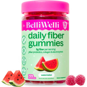 Belli Welli Fiber 4-In-1 Fiber Gummies Supplement with Added Probiotics, Collagen and Electrolytes for Regularity and Bloat Relief, Watermelon, 120 Count