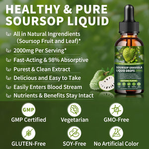 Soursop Graviola Liquid Drops 2000Mg, Organic Soursop Extract - 98% Absorption Soursop Bitters Liquid for Cell Support & Regeneration and Immune Boost, Sugar/Gluten Free, Natural Flavor, 2 Fl Oz