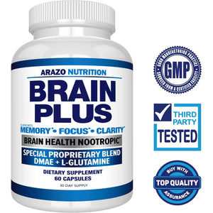 Arazo Nutrition Premium Brain Function Supplement – Memory, Focus, Clarity – Nootropic Booster with DMAE, Bacopa Monnieri, L-Glutamine, Multi Vitamins, Multi Minerals