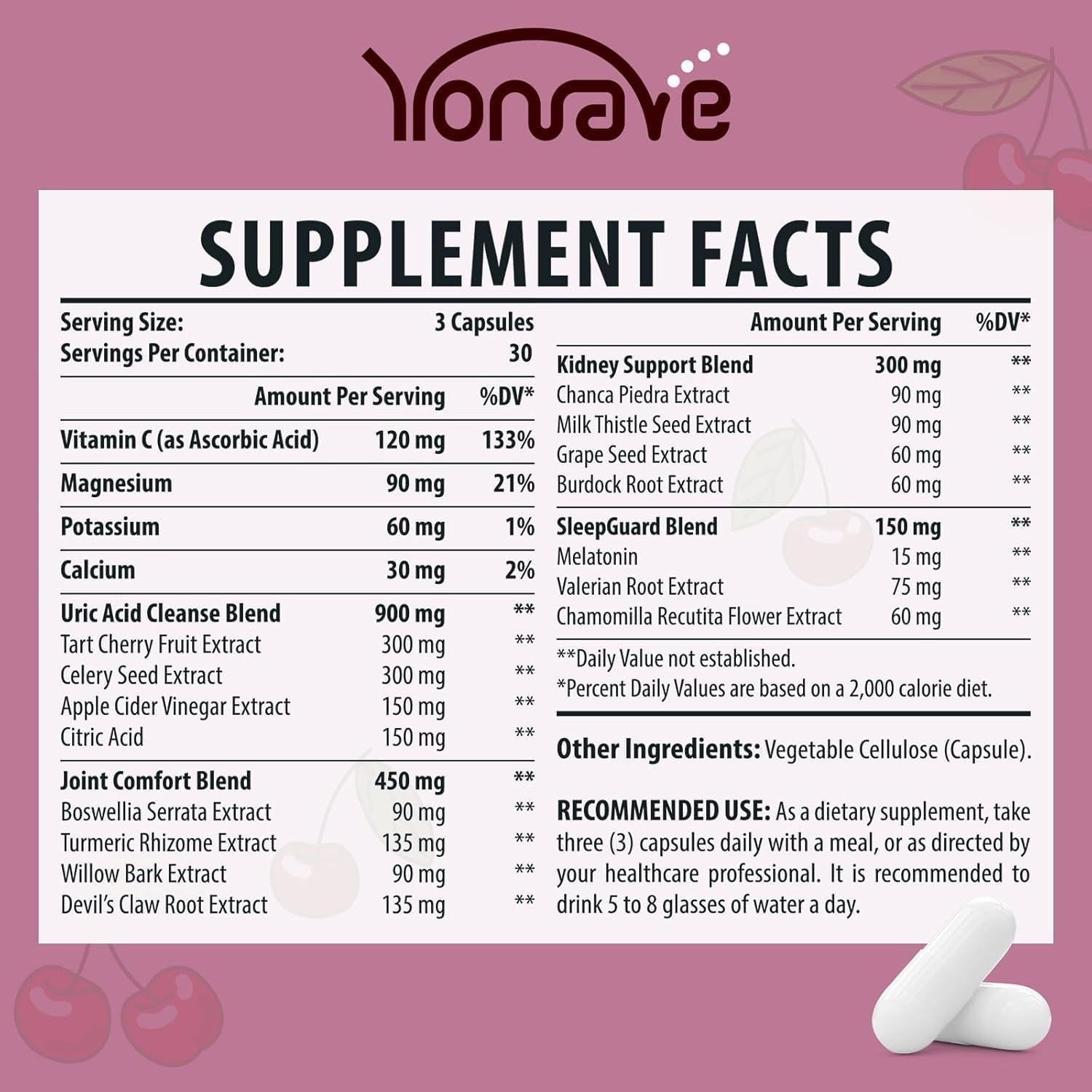 Yonrave Uric Acid Cleanse & Detox - Tart Cherry Capsules, Celery Seed Uric Acid Supplement – Kidney, Joint and Sleep – 90 Veggie Capsules(1 Bottle)
