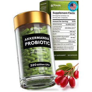 Akkermansia Muciniphila Probiotics 320 Billion CFU| Probiotic and Prebiotic | Akkermansia Probiotics for Gut Health | Inulin Prebiotic Fiber Capsules Astaxanthin & Berberine & Chromium | 120 Capsules