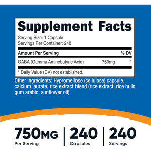 Nutricost GABA (Gamma Aminobutyric Acid) 750Mg, 240 Capsules, 240 Servings - Non-Gmo, Gluten Free