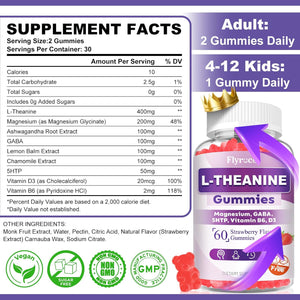 Sugar Free L-Theanine Gummies, L Theanine Supplement for Adults & Kids, L'Theanine with Ashwagandha, Magnesium, 5HTP & GABA - Support Calm, Relax, Zzz, Focus, Vegan Strawberry Flavor, 60 Count