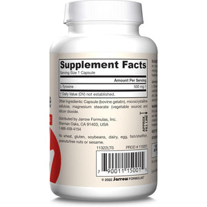 Jarrow Formulas® L-Tyrosine 500 Mg, Dietary Supplement, Amino Acid Supplement for Brain Health Support, 100 Capsules, 100 Day Supply