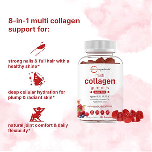 Micro Ingredients Multi Collagen Peptides, 120 Collagen Gummies | Type I,II,III,V,X Protein with Biotin, Hyaluronic Acid, & Vitamin C Complex | Pomegranate & Berry Flavored | Sugar Free, Non-Gmo