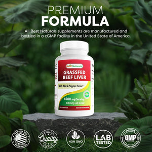 Best Naturals Grass Fed Beef Liver Capsules 4500Mg 250 Count - Desiccated Supplement - Energy Production, Detoxification, Digestion, Immunity - Added Black Pepper Extract for Maximum Absorption.