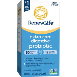 Renew Life Extra Care Digestive Probiotic Capsules, 50 Billion CFU Guaranteed, Daily Supplement Supports Immune, Digestive, Respiratory Health(1), L. Rhamnosus GG, Dairy, Soy and Gluten-Free, 90 Count