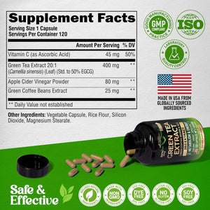 Green Tea Extract - 50% EGCG, Extra Strength 20:1 Extract - Natural Green Tea Supplement + Green Coffee Beans & Apple Cider Vinegar - Energy & Metabolism Support - for Men & Women - Vegan 120 Capsules