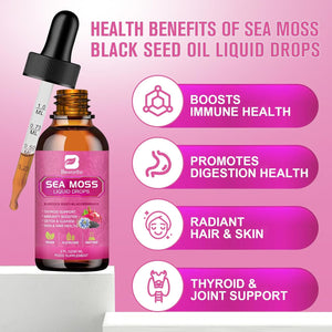 Sea Moss Liquid Drops - Organic Irish Sea Moss with Black Seed Oil, Ashwagandha, Soursop, Bladderwrack, Burdock Root, Elderberry, Turmeric | Seamoss for Immune Support, Energy, Hair & Digestion -Vegan