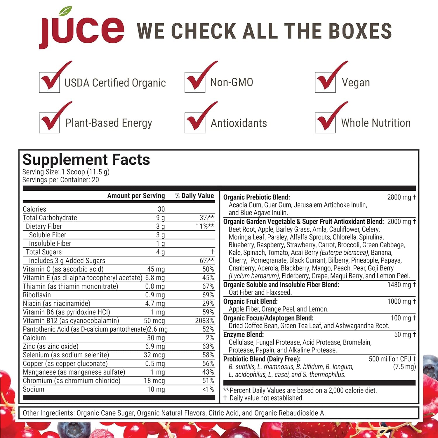 Terra Kai Organics JUCE Reds Organic Superfood Powder - Garden Berry Flavor | Fruit & Veggie Powder for Everyone W/64 Immune Boosting Superfood plus Probiotics for Gut Health | 20 Servings (230G)