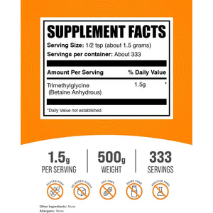 Bulksupplements.Com Betaine Anhydrous Powder - Trimethylglyine, TMG Supplements, TMG Powder - Betaine TMG - Gluten Free, 1500Mg per Serving, 500G (1.1 Lbs)
