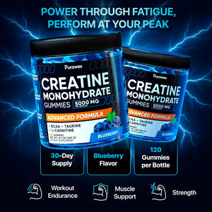 Creatine Monohydrate Gummies 5000Mg Complex for Men & Women - Pre Workout Creatine Chews for Muscle Growth, Strength & Energy, Sugar Free, Vegan, Blueberry Flavor - 120 Count