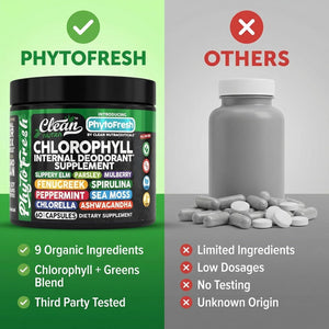 Clean Nutra Chlorophyll Capsules Supplement Internal Deodorant Peppermint, Sea Moss, Parsley, Chlorella, Spirulina, Slippery Elm, Ashwagandha, Phytofresh Greens Detox Pills