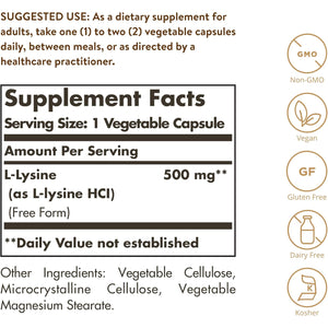 Solgar L-Lysine 500 Mg, 250 Vegetable Capsules - Enhanced Absorption & Assimilation - Promotes Integrity of Skin & Lips - Collagen Support - Amino Acids - Non-Gmo, Vegan, Gluten Free