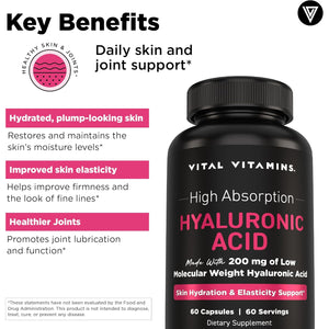 Vital Vitamins Hyaluronic Acid Supplements - Made with 200Mg of Low Molecular Weight Hyaluronic Acid - Supports Skin Hydration & Elasticity from within - 60 Capsules, 60 Servings