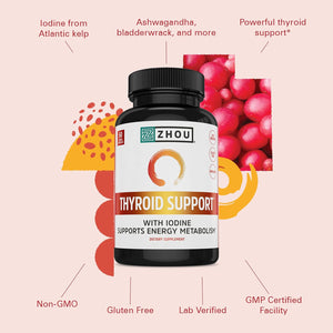 ZHOU Thyroid Support - Thyroid Supplement for Women & Men with Zinc, Iodine, & Selenium, Cellular Energy Thyroid Complex with Ashwagandha, Kelp - 60 Veggie Capsules (Pack of 1)