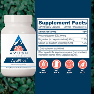 Ayush Herbs Ayuphos - Phosphatidylserine Supplement for Men & Women, Soy-Free Phosphatidyl Serine, Brain, Memory, & Cognitive Support for Adults, 200Mg per Pill - 45 Servings