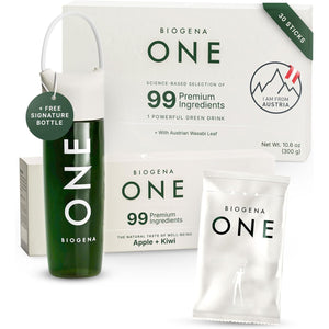 BIOGENA ONE All-In-One Super Greens Powder - 30 Travel Packs + Shaker - Supports Energy Metabolism & Immune Function**- 99 Nutrients with Probiotics, Vitamins & Coq10 - No Added Sugar - Apple-Kiwi