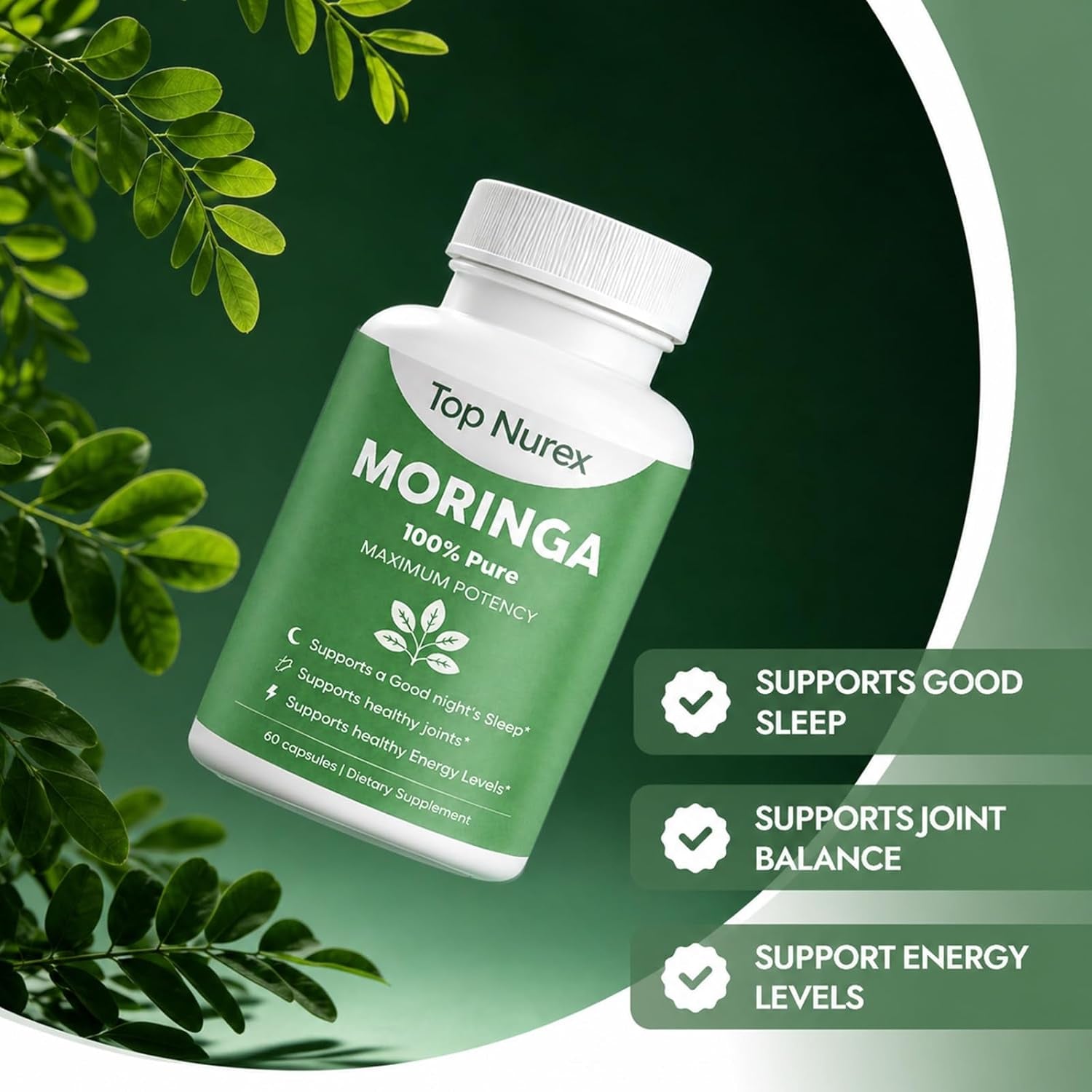 Moringa Capsules, Natural Green Superfood Supplement for Sustained Energy, Immune Support & Digestive Wellness, Non-Gmo, Vegan, 60 Capsules