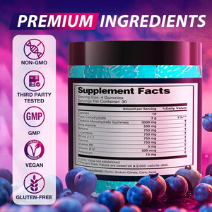 Creatine Monohydrate Gummies Complex 8500 MG for Men & Women, Creatine Monohydrate Supplement for Muscle Growth, Strength & Energy Support, Pre Workout Gummies 120 Count Blueberry