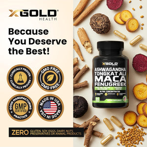 Ashwagandha 30:1 + Tongkat Ali 100:1 + Maca Root 20:1 + Fenugreek 10:1 Extract Supplement for Men & Women | High Potency Herbal Complex | Energy, Vitality & Performance Support | Made in USA