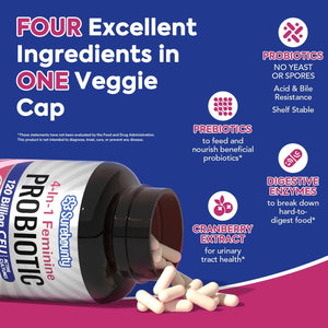 Probiotics for Women, 120 Billion CFU 34 Strains, Prebiotics, Digestive Enzymes, Cranberry, 4-In-1 Feminine Probiotic, Digestive, Vaginal, Immune Support, 30Ct